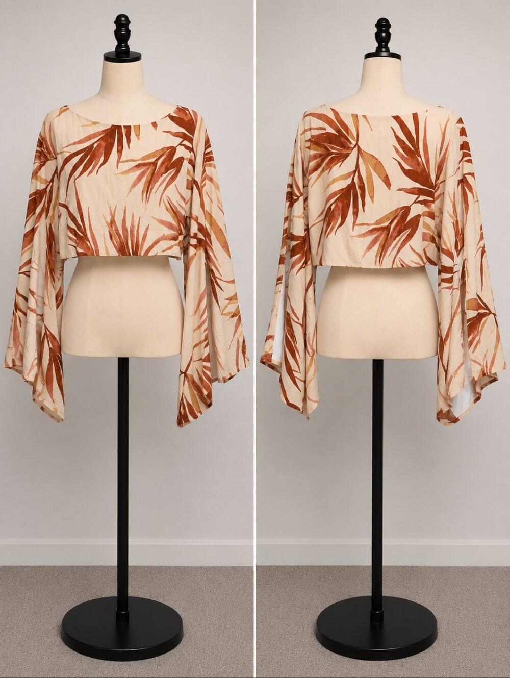 FORE Tropical Leaf Print Cropped Blouse Bell Sleeves Size M NWT